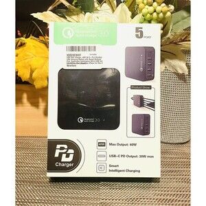 USB-C 40W 8a 5-Port USB Power Adapter Wall Charger Hub QC3.0